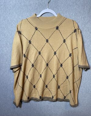 Sag Harbor Woman 3X Tan Argyle Mock Neck Short Sleeve Knit Sweater Top Plus Size